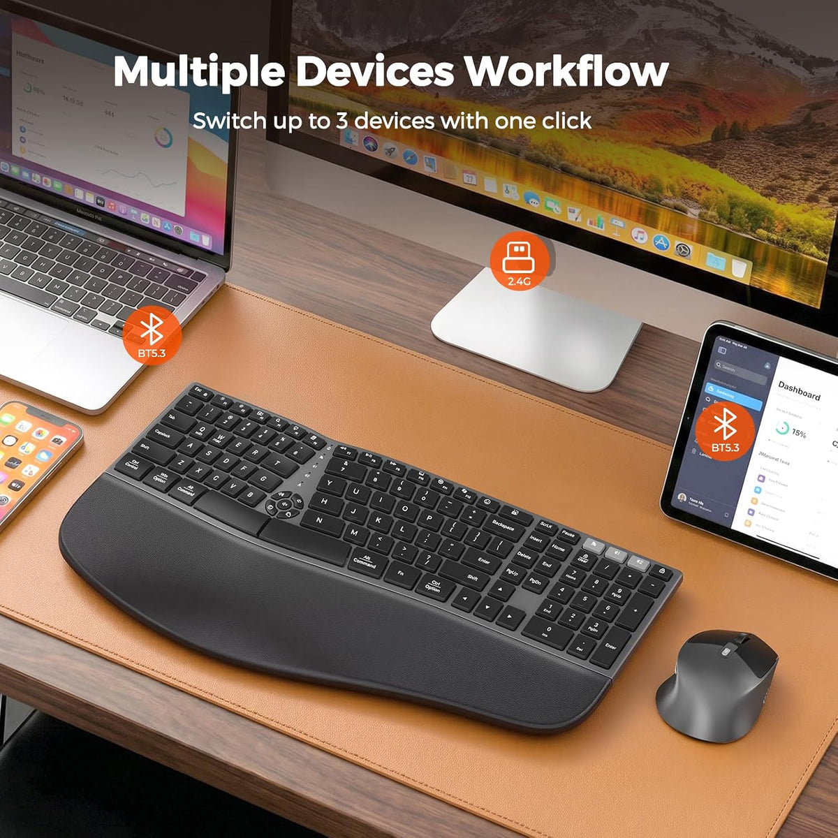 MEETION Ergonomic Keyboard and Mouse, Split Curved 2.4G/Bluetooth Keyboard