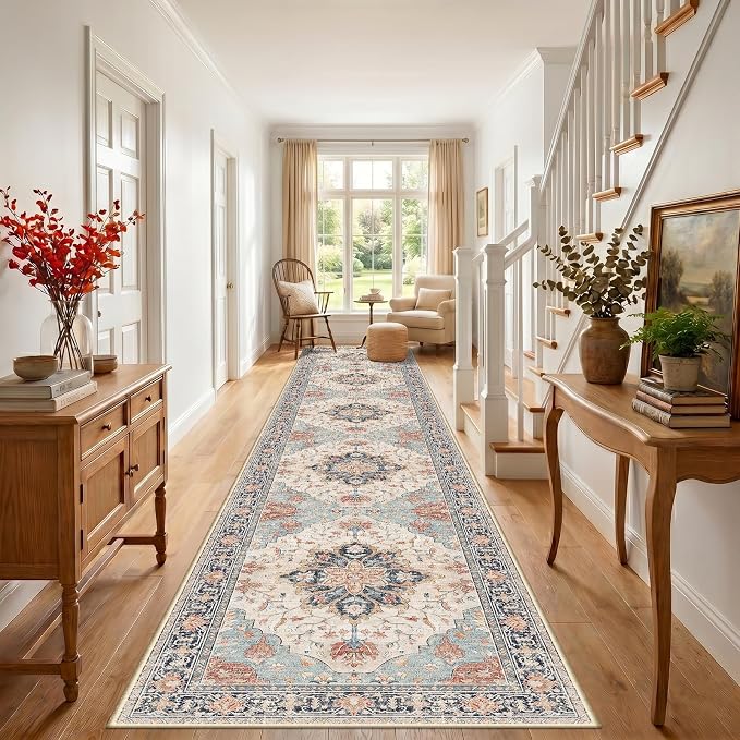 RELEANY Area Rugs Runner 3'x20' Washable Non-Slip, Floral Vintage Distress