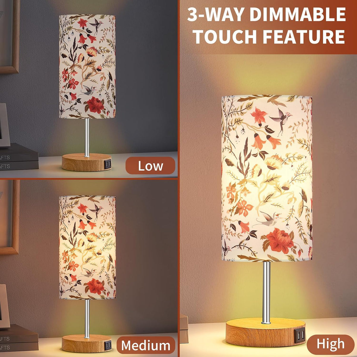 Bedside Touch Lamp, Wood Small Table lamp with 2 USB Charging Ports & Flower Fabric Shade, 3-Way Dimmable Nightstand Lamps for Living Room Bedroom Office Reading Desk Home Dorm(LED Bulb Included)
