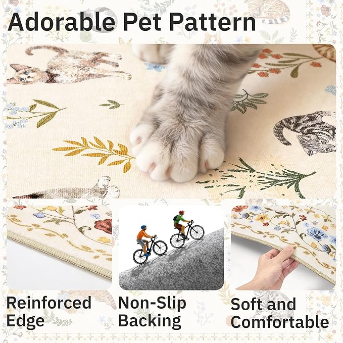Soalmost Cat 5x7 Area Rugs for Living Room, Machine Washable Animal Floral