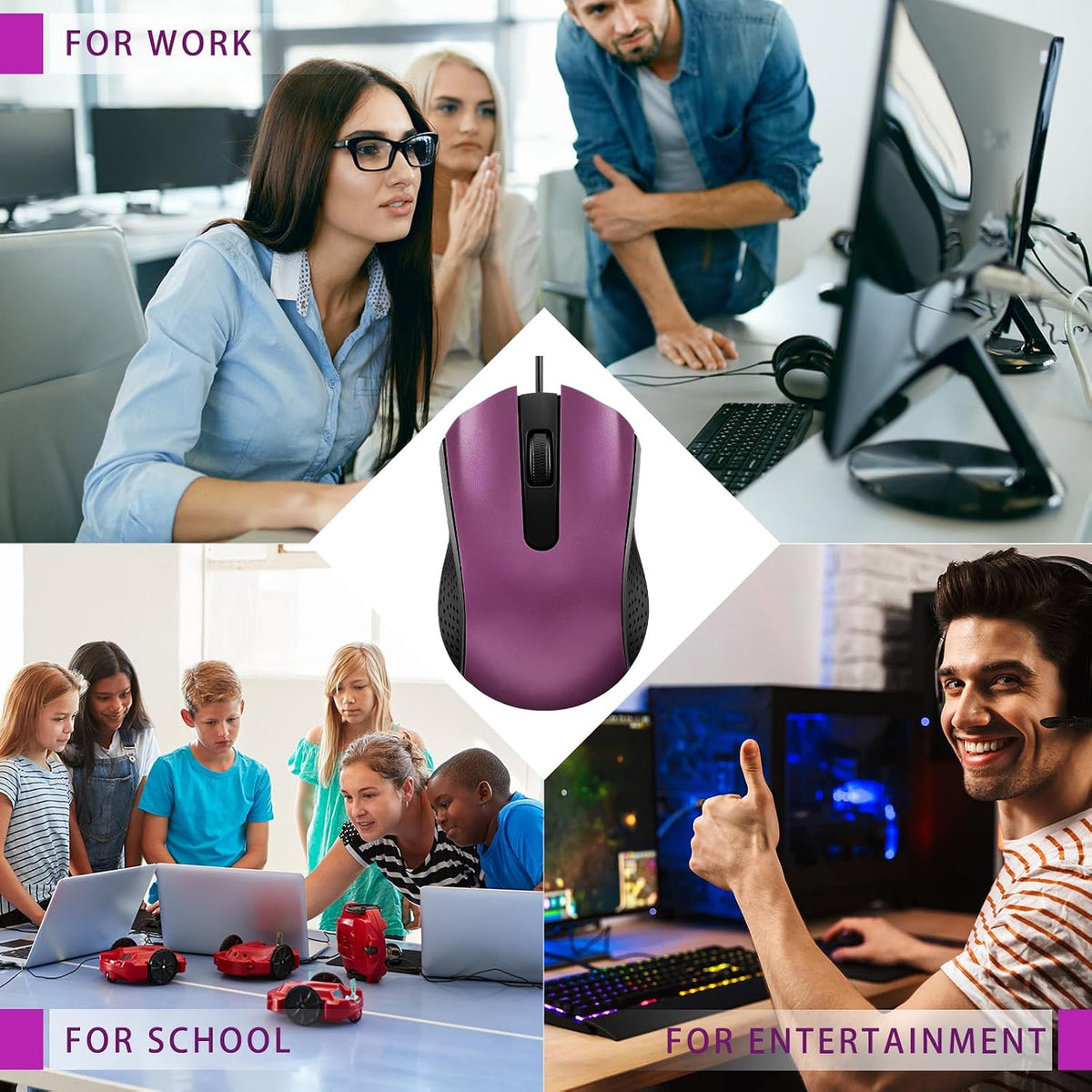 Bonuci 30 Pack Computer USB Wired Mouse Bulk 3 Button 800/1200 DPI Purple