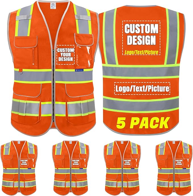 BeautyWill 5Pack Custom Logo Safety Vest 8 Pockets Class2 ANSI Certified High Visibility Reflective Vest for Men - Personalized Logo Heavy-Duty Work Vest（Orange，XXL）