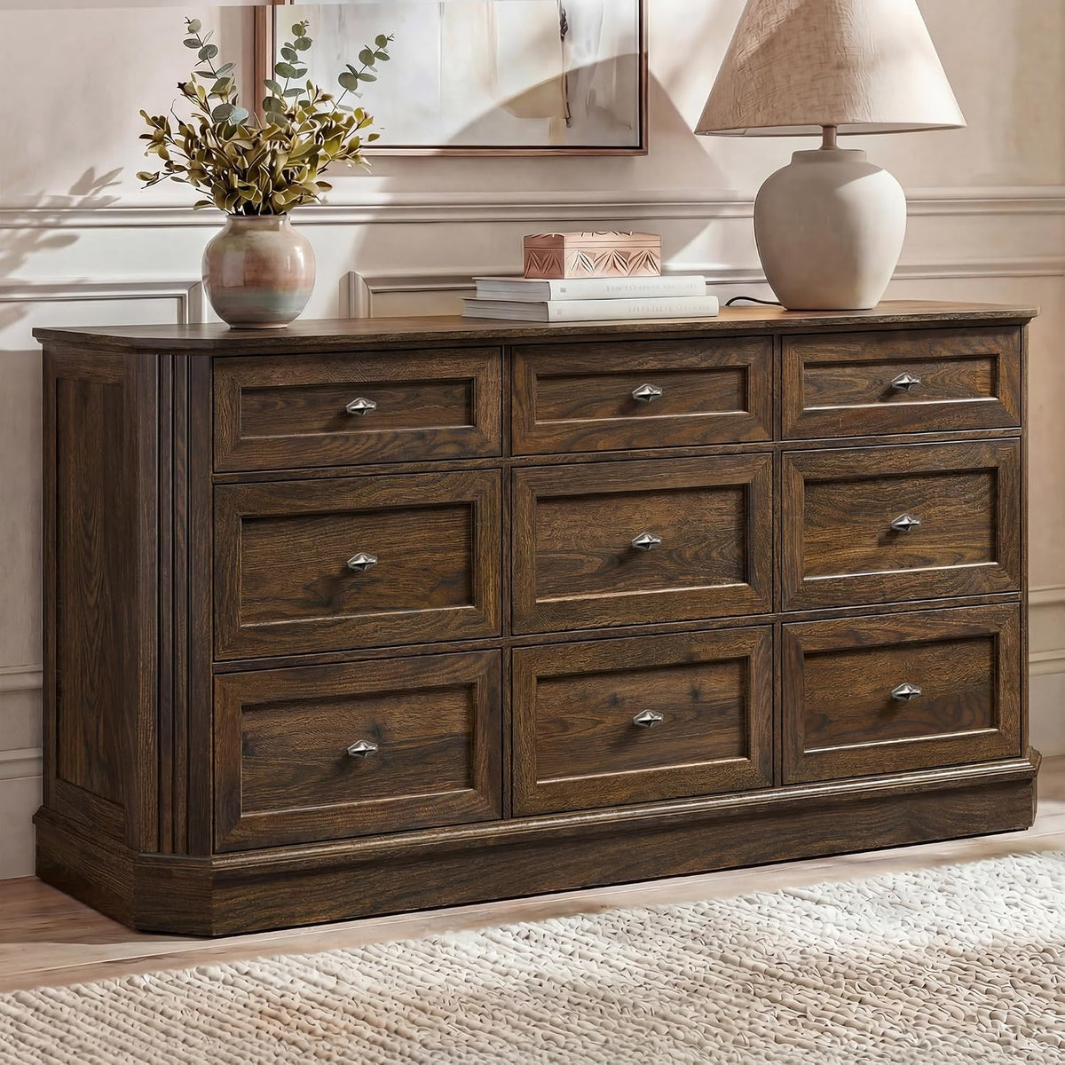 Farmhouse 9 Drawers Walnut Dresser for Bedroom, 63.07" Wide Chest of Drawers w/Charging Station & Vintage Beveled Design, Wood Long Dresser TV Stand,Closet Clothes Storage Organizer for Living Room