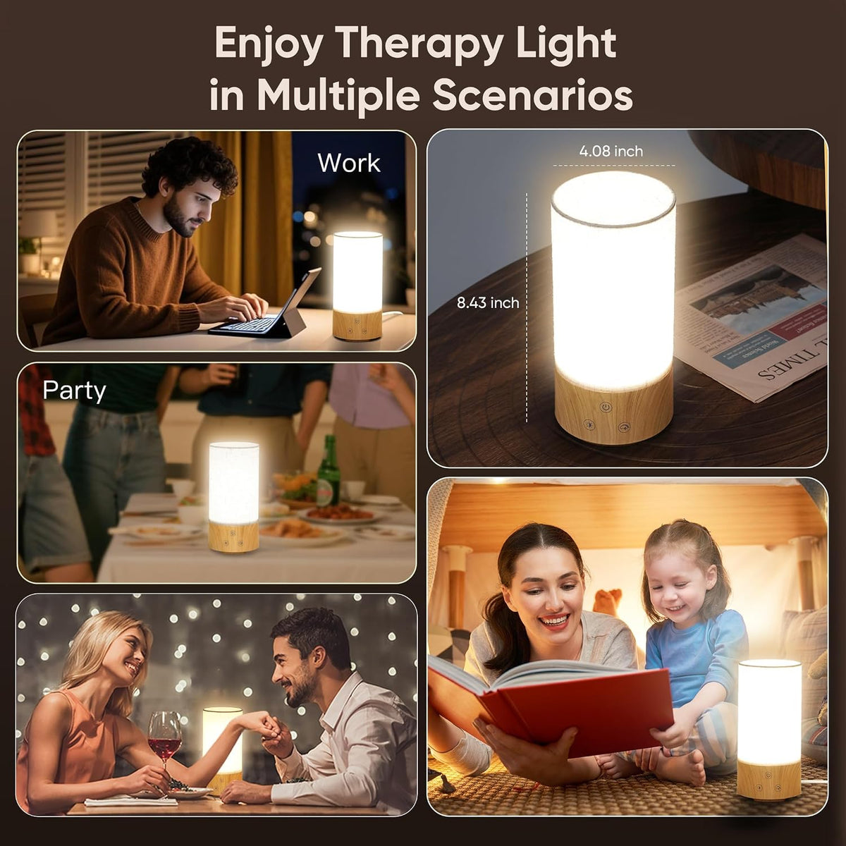 Caromolly Light Therapy Lamp, Happy Lamp 10,000 LUX UV Free with 3 Color Temperature & 5 Brightness Level, Full Spectrum Light Wood Base Round Flaxen Fabric Shade for Home, Office, White Linen