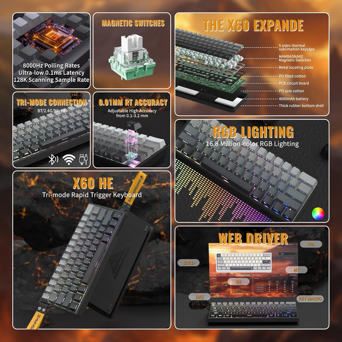 ATTACK SHARK X11&X60HE Mechanical Wireless Gaming Combo,Rapid Trigger Magnetic Switches 8K Keyboard,59g Ultra-Light Mouse with Charging Dock, 22K DPI,PAW3311,RGB Backlit 3-Mode with Coiled Cable-Black