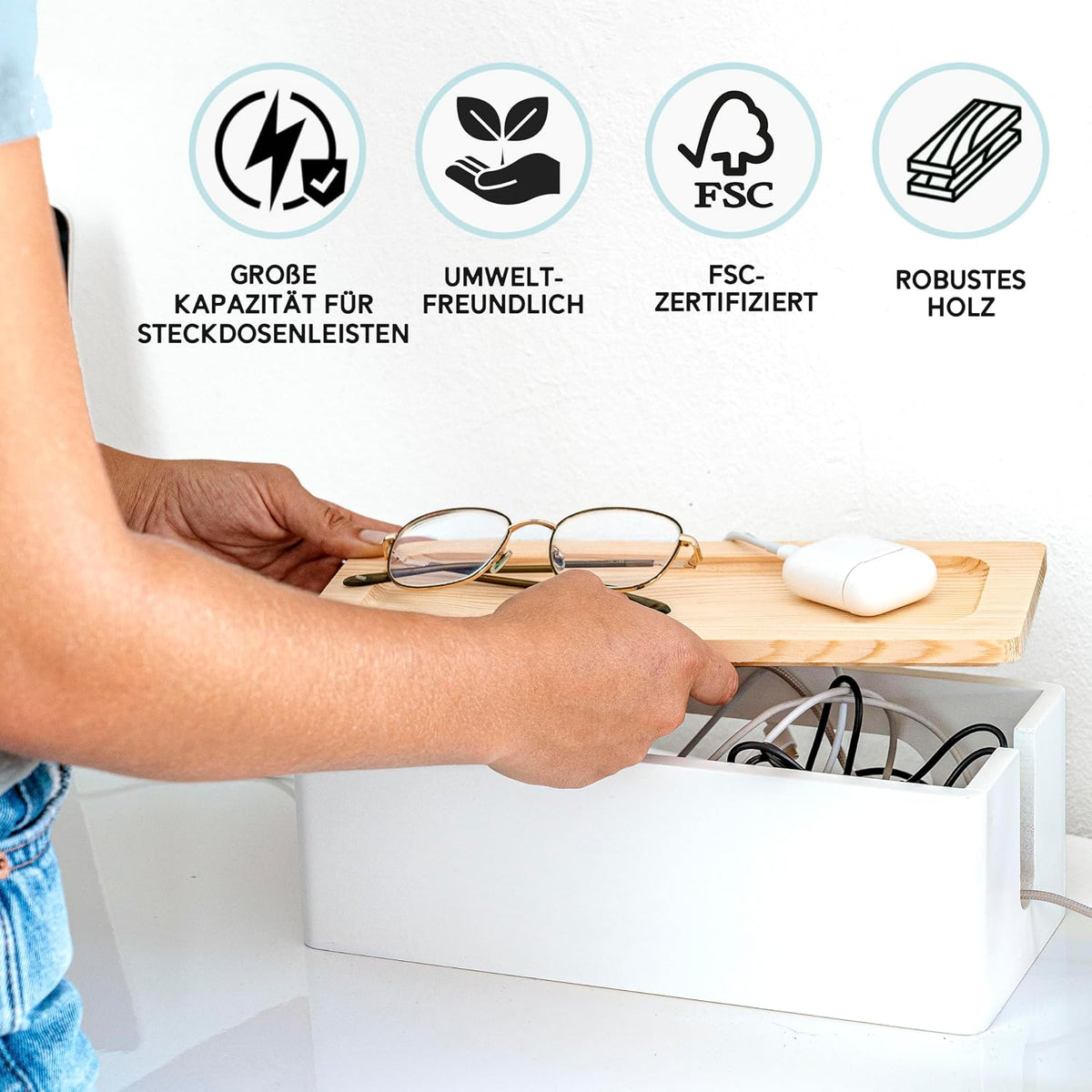 NATURE SUPPLIES Set of 2, Wood Cable Management Boxes, Large and Medium Cord Organizer to Hide Wires and Power Strips for TV, Desk, Computer, Router, Cable Storage and Home Office Organization, White