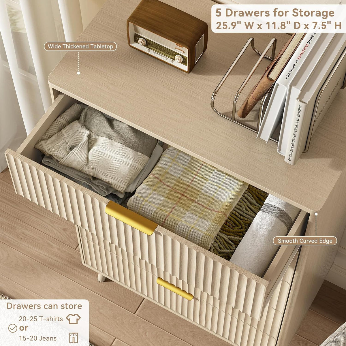 CARPETNAL Fluted 5 Drawers Dresser for Bedroom, 45" Tall Wooden Chest of Drawers with Rounded Corners, Gold Handles, Modern Storage Organizer for Bedroom, Hallway (Beige)
