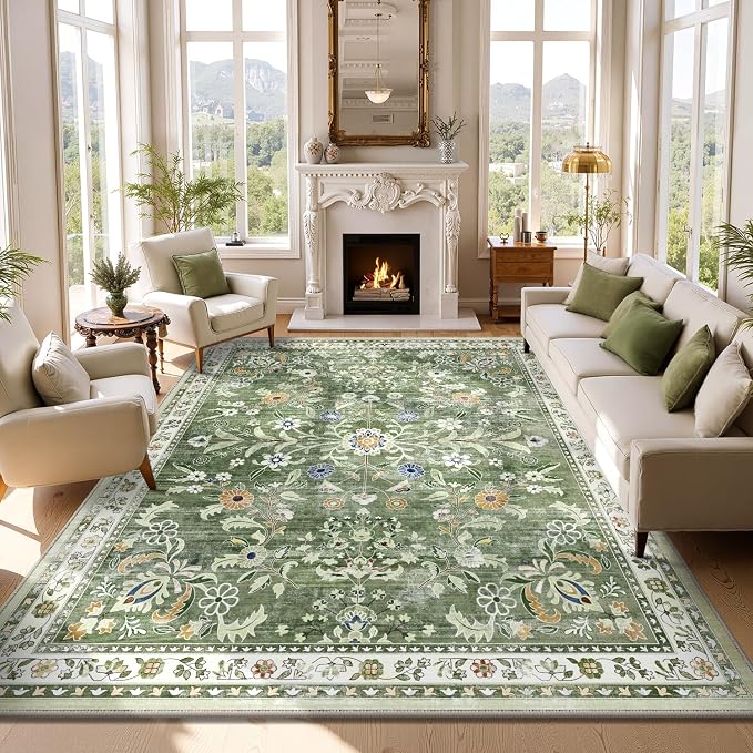 Yamaziot Washable Area Rug 8x10 – Large Non-Slip Boho Floral Living Room Rug