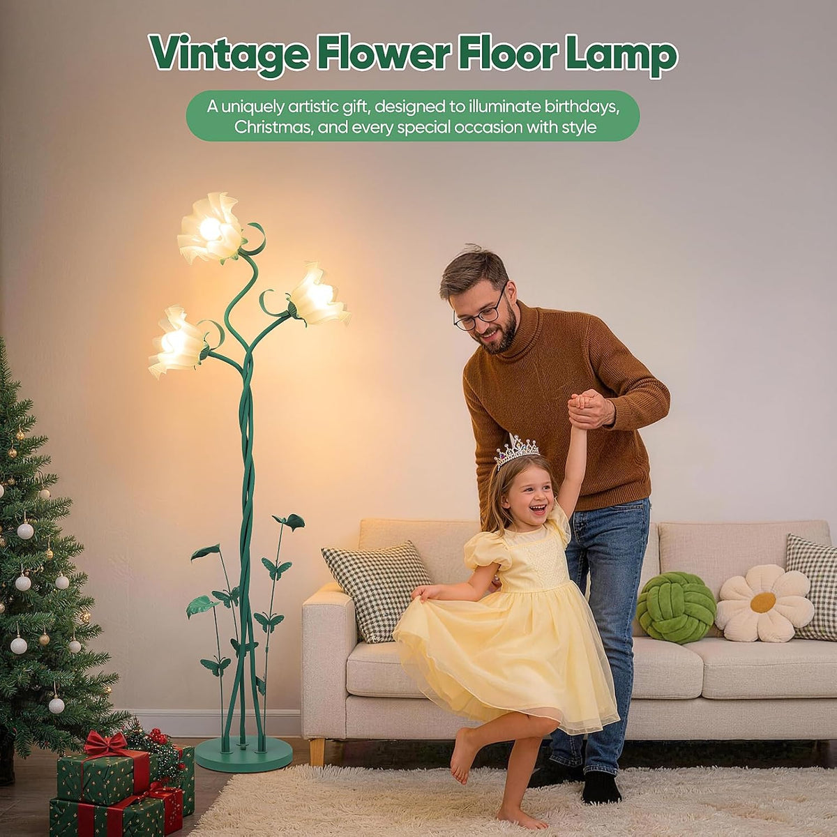 TOBUSA Floor Lamp with 3 Bulbs for Living Room, Cute Vintage Standing Lamp