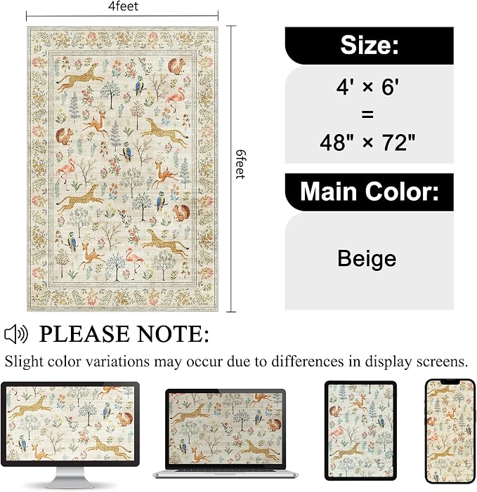 DUKINO 4x6 Rug, Washable Animal Area Rug