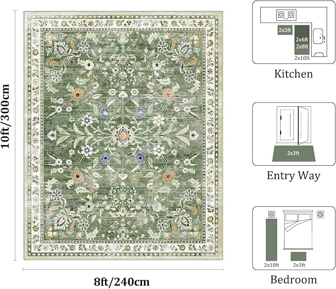 Yamaziot Washable Area Rug 8x10 – Large Non-Slip Boho Floral Living Room Rug