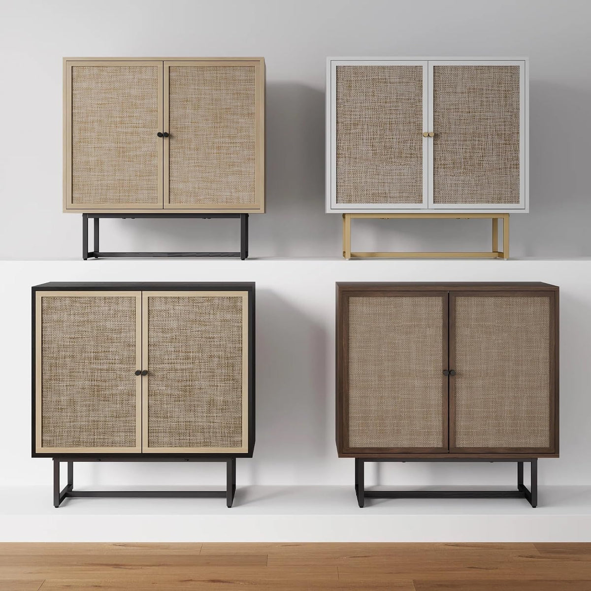 Nathan James Kova Rattan Wood Accent Sideboard Storage Cabinet TV Stand with Matte Metal Frame, Adjustable Shelves and Cane Doors, for Hallway, or Living Room, Light Oak/Cane/Black, Set of 2