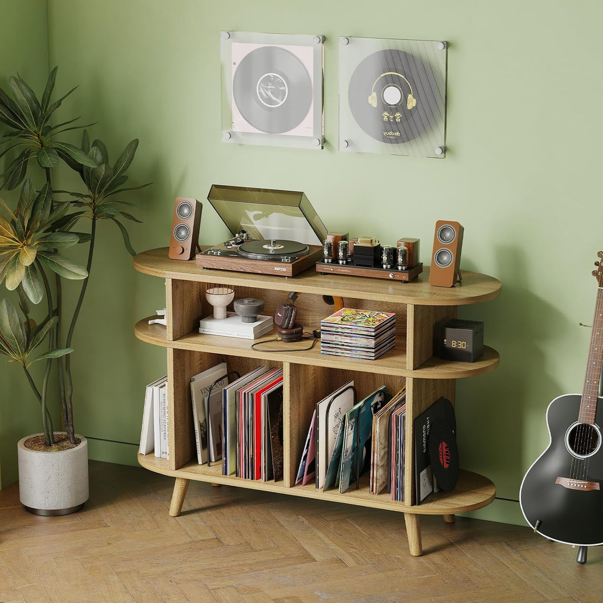 LIVEHOM Large Round Record Player Stand, Wood Record Storage Cabinet, Vinyl Record Holder with Display Area, Mid Century Modern Turntable for Living Room, Bedroom (Nature)
