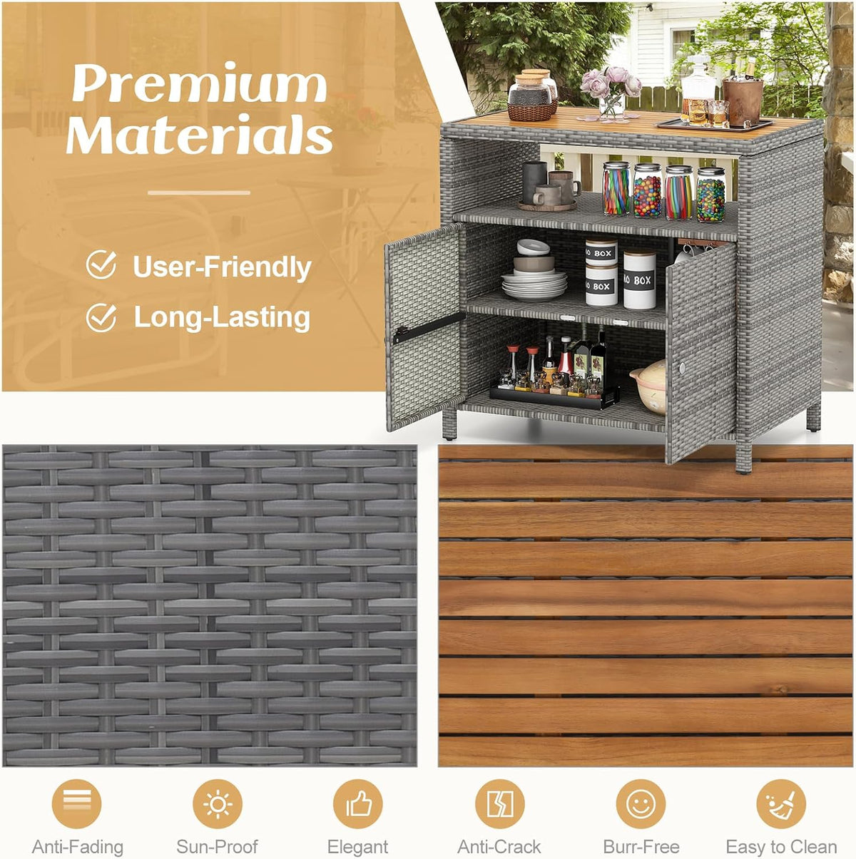 RELAX4LIFE Wicker Outdoor Bar Cabinet - PE Rattan Patio Bar Table w/Acacia Wood Countertop, Open Shelf & 2 Doors, Buffet Sideboard Organizer for Garden Backyard Pool, Outside Storage Cabinet (Grey)