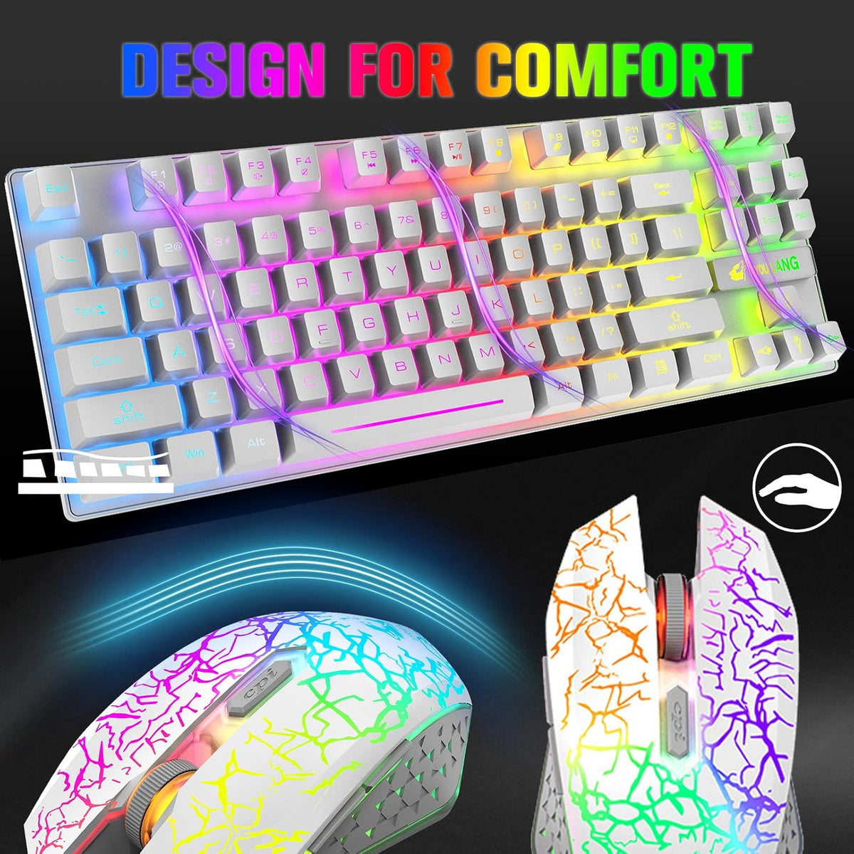Wireless Membrane Gaming Keyboard and Mouse Set with 87Key Tenkeyless-White