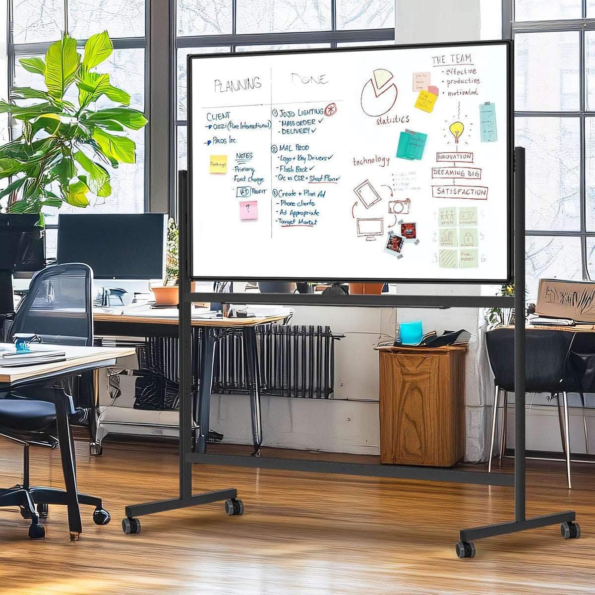 Maxtek Rolling White Board on Wheels 48x36 in, Double-Sided Magnetic Black