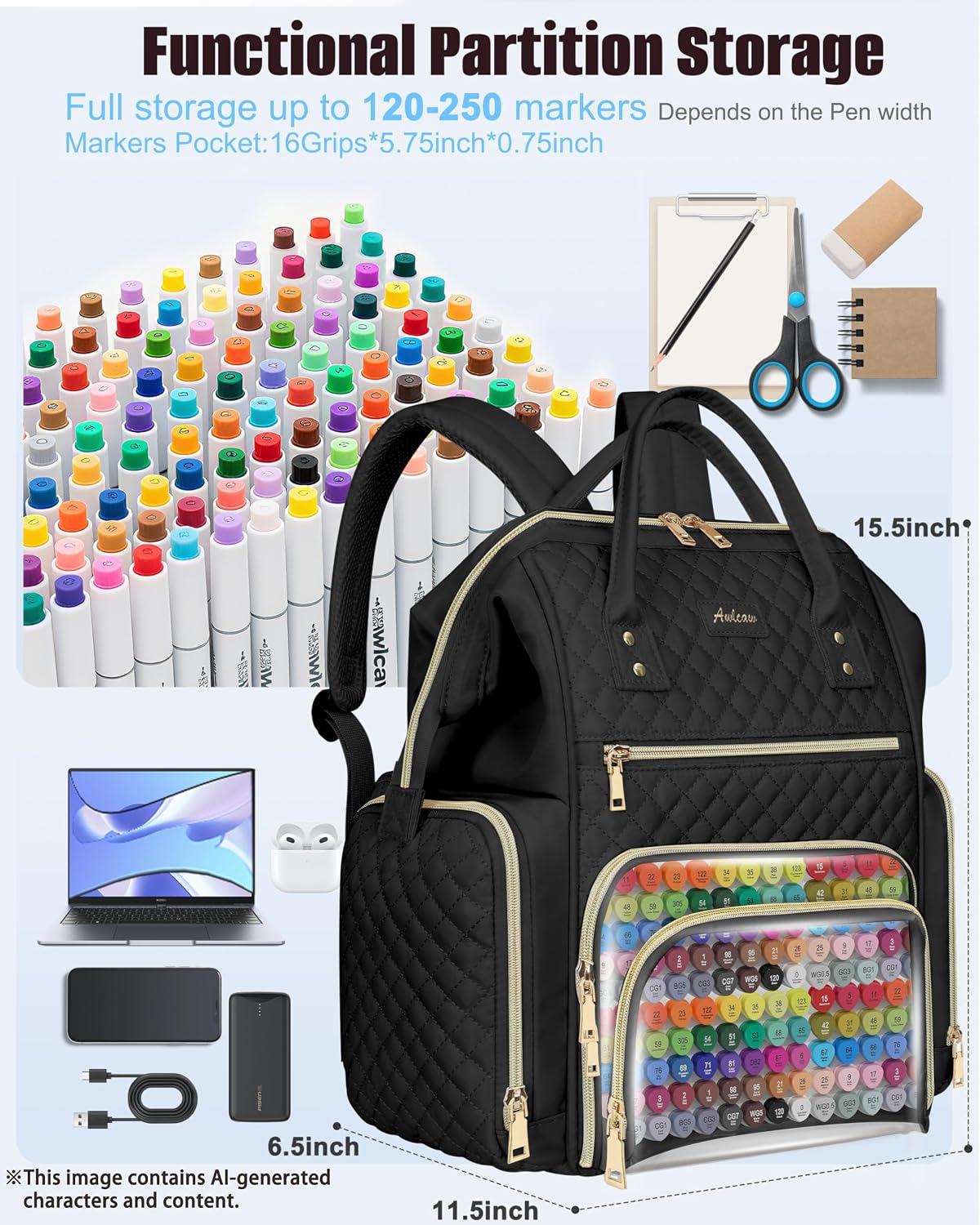 Marker Organizer Case Bag, Large Markers Storage Backpack with USB Port for Artists, Illustrators, Creatives, Pen Travel Holder Case Bag for Art Creativity Craft Supply, Black