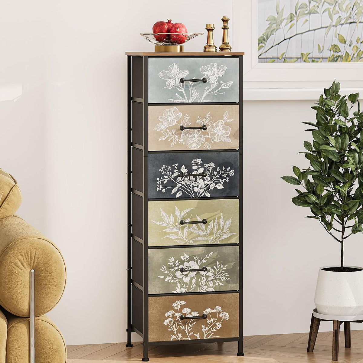 Tohomeor Vintage Dresser Vertical Nightstand with Neutral Botanical Plant Fabric Chest Drawers for Closet Bathroom Storage Tower Unit Bed Side Organizer Farmhouse Rustic (Rustic Brown, 6 Drawers)