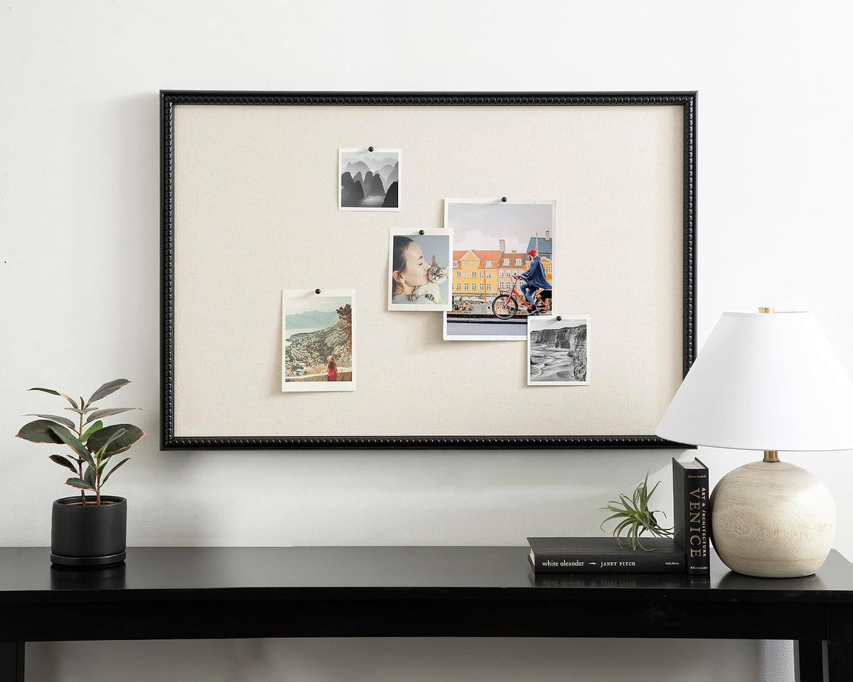 Kate and Laurel Makenna Framed Linen Fabric Pinboard, 24 x 36, Black, Traditional Beaded Bulletin Board for Vintage Home Wall Organization or Aspirational Vision Board