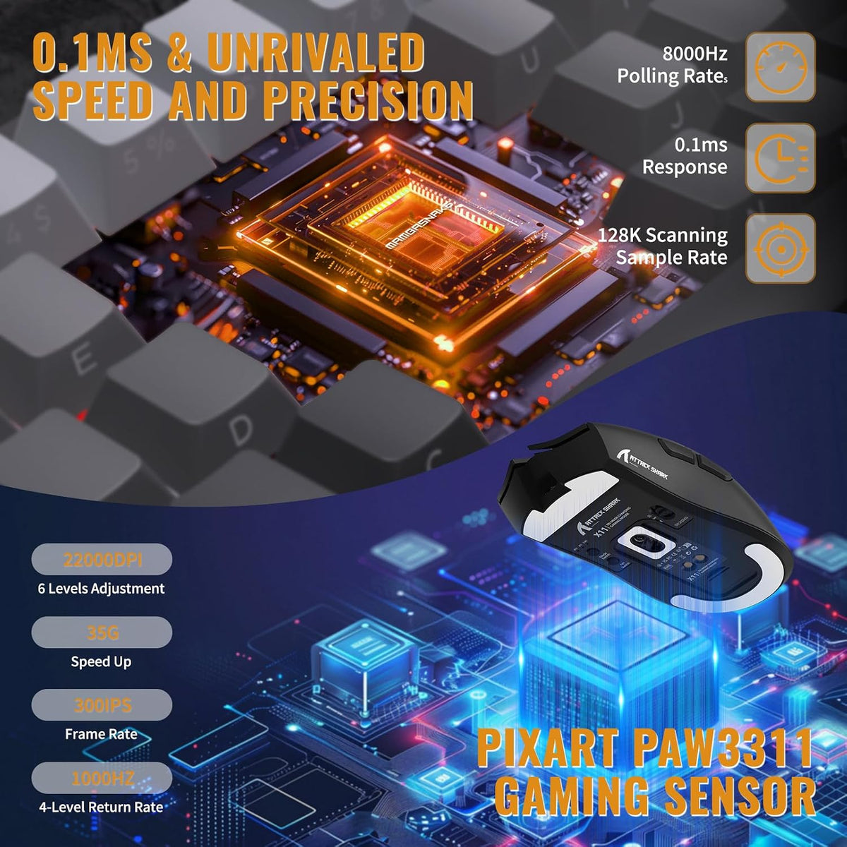ATTACK SHARK X11&X60HE Mechanical Wireless Gaming Combo,Rapid Trigger Magnetic Switches 8K Keyboard,59g Ultra-Light Mouse with Charging Dock, 22K DPI,PAW3311,RGB Backlit 3-Mode with Coiled Cable-Black