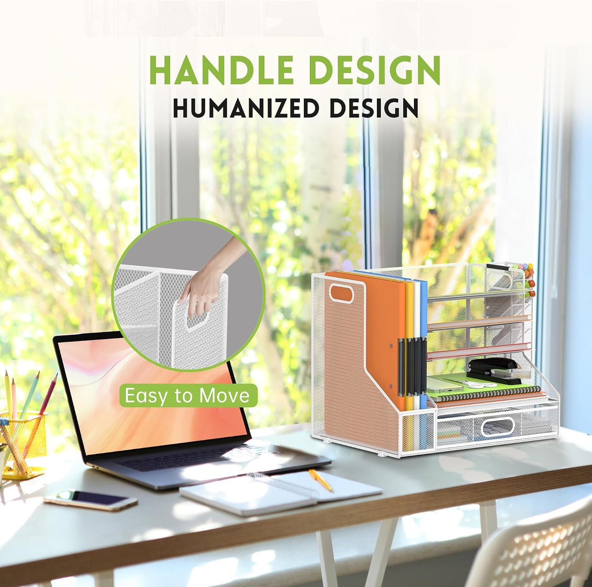 5-Tier Desk Organizer with File Holder & Pen Holder & Sliding Drawer, White