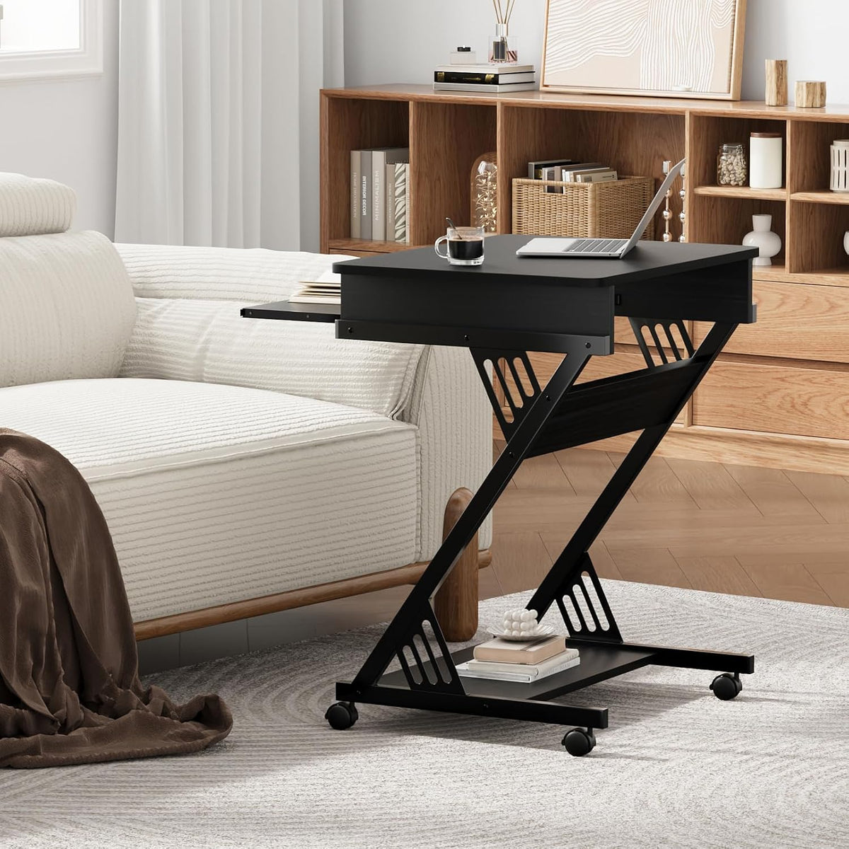 Zenira 24-Inch Small Computer Desk, Z Shape Laptop Desk Cart on Wheels