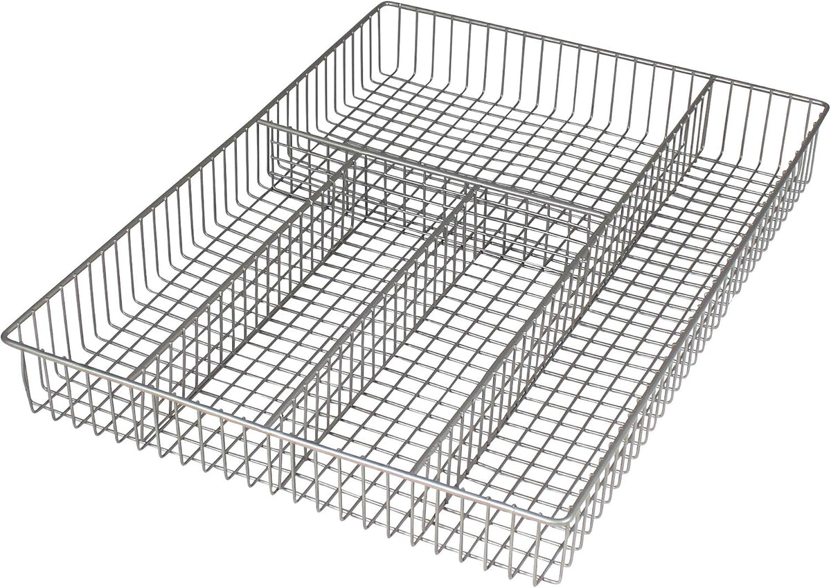Spectrum Large Wire Silverware Drawer Organizer Satin Nickel 5 Compartment Grid Utensil Holder for Flatware Cutlery Drawer Organization, 11 In Wide Metal Wire Utensil Organized Divider Tray Drawer