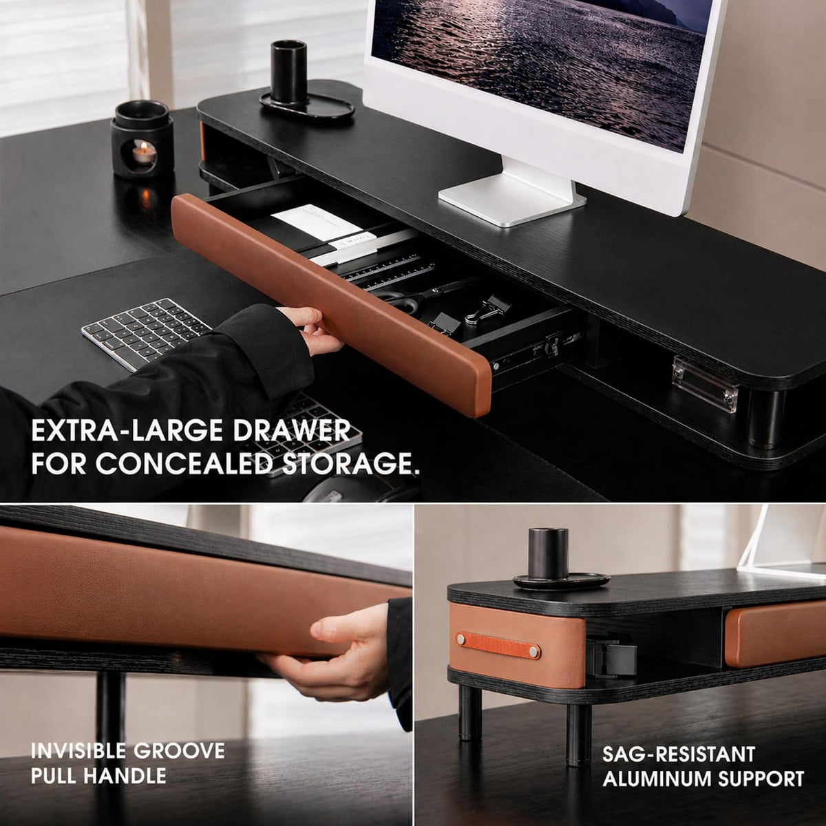 Fenge Dual Monitor Stand with Large Storage Drawer, 42.5" Desk Shelf, Black