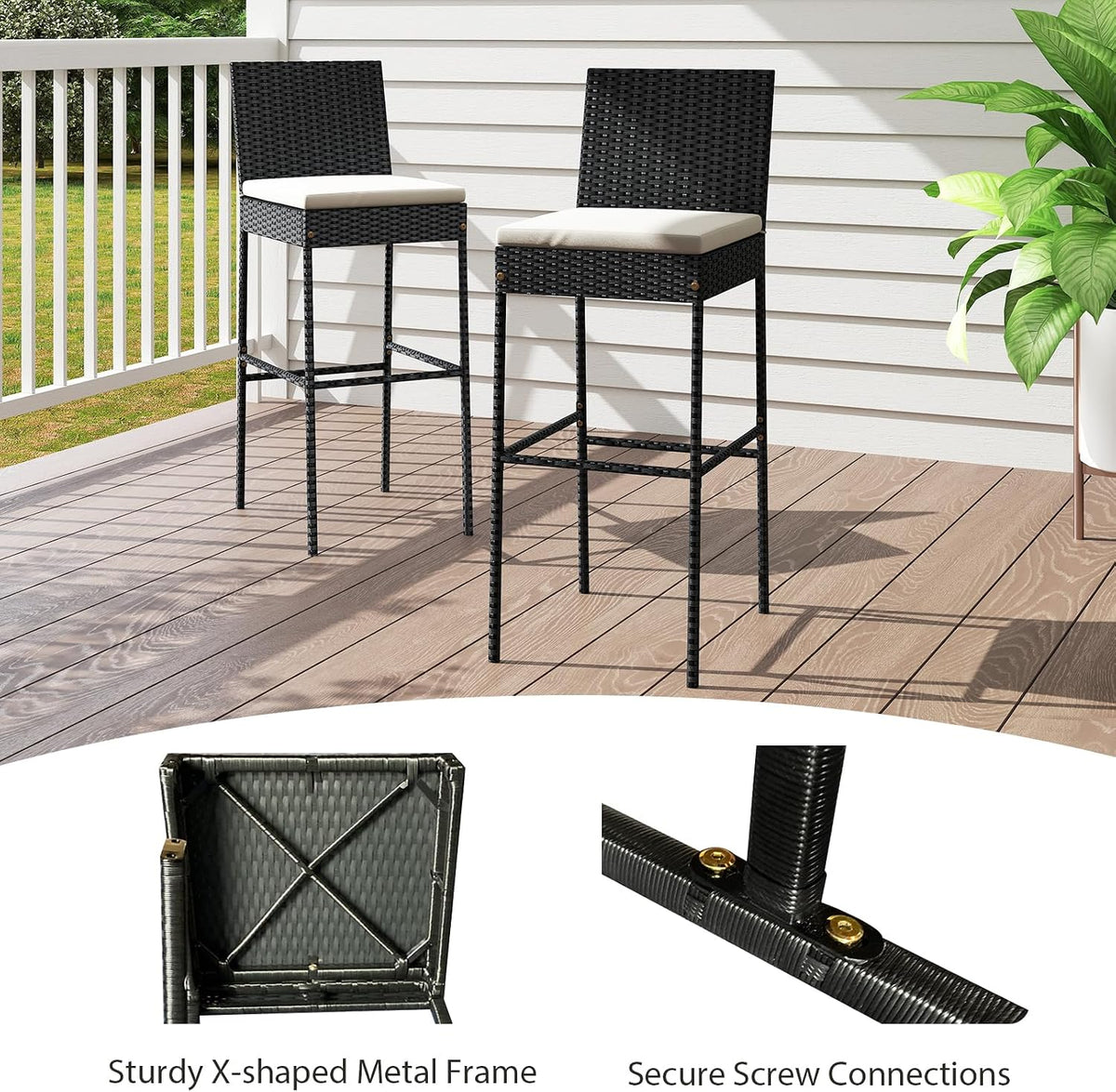 Tangkula Set of 2 Patio Wicker Barstools, Outdoor Bar Height Chair w/Soft Seat Cushion & Cozy Footrest, Heavy-Duty Metal Frame, 400 lbs Max Load, Mix Brown Rattan Bar Chair for Backyard, Balcony