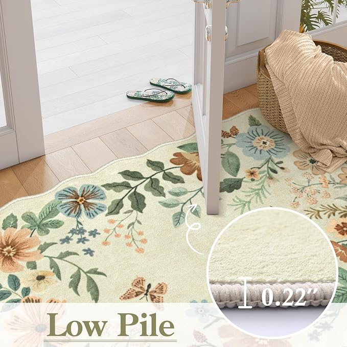 Lahome Floral Washable Round Rugs, Non-Slip Soft Round Rug 4ft Ultra-Thin