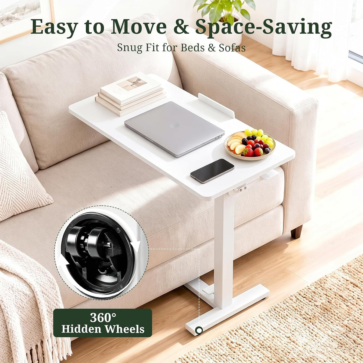 Overbed Bedside Table with Wheels, Foldable Rolling Desk Adjustable Height