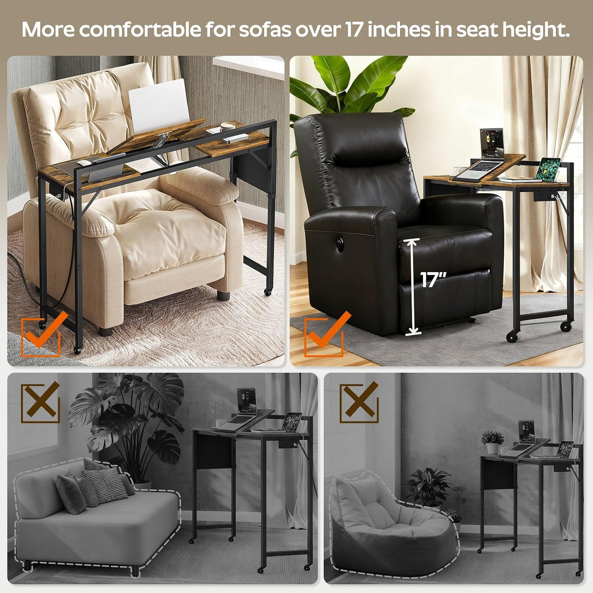 YATINEY Overbed Table with Wheels and Charging Station, 43.3" Recliner Table with Adjustable Stand and Storage, Chair Table for Sofa, Dormitory, Rustic Brown and Black SF03UBR