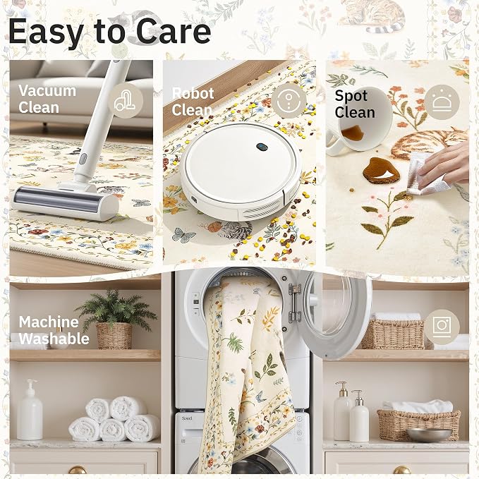 Soalmost Cat 5x7 Area Rugs for Living Room, Machine Washable Animal Floral