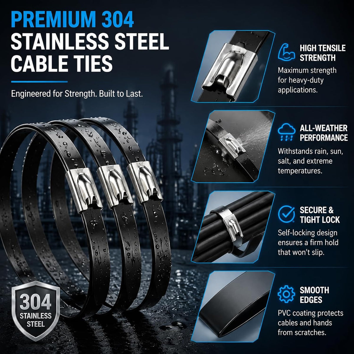 300PCS Cable Ties Kit, 11.8 Inch Heavy Duty Black Metal Zip Ties