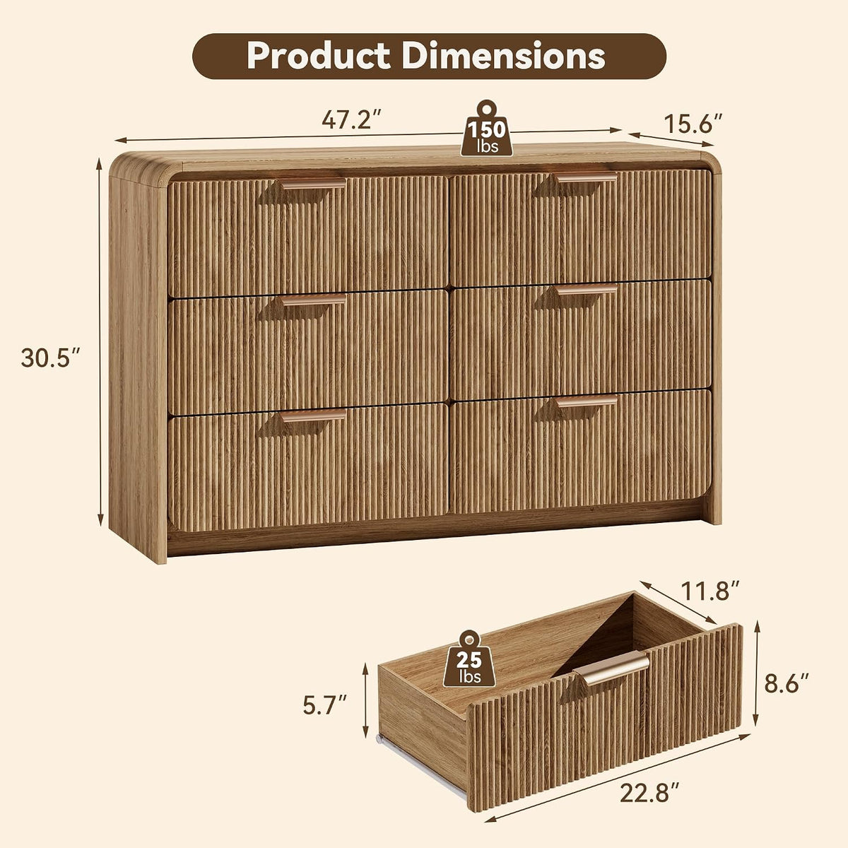 47" Fluted 6 Drawer Dresser for Bedroom, Living Room, Entryway Light Walnut