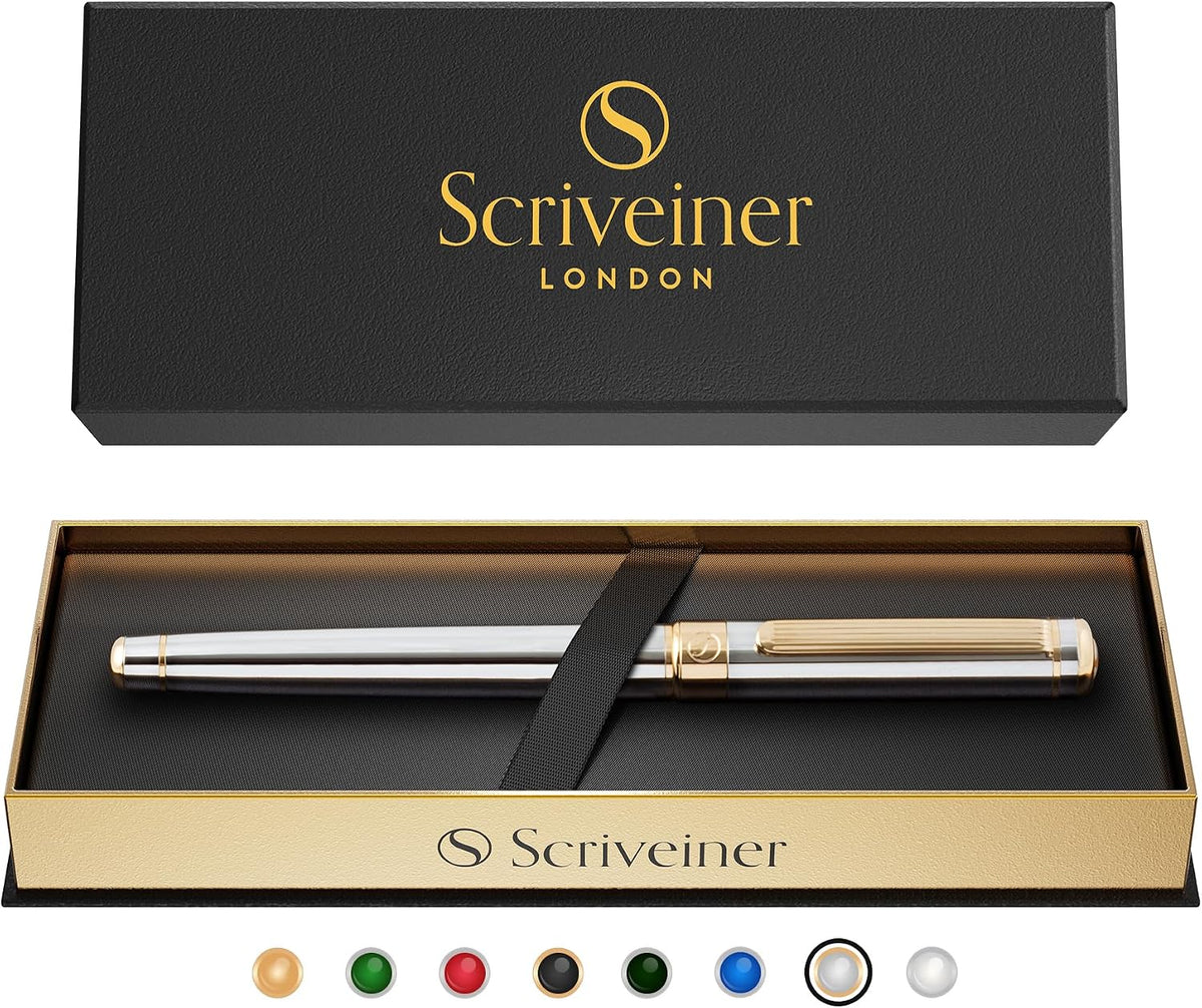 Scriveiner Silver Chrome Rollerball Pen - Stunning Luxury Pen, Real Gold Plating, Schmidt Ink Refill, Best Roller Ball Pen Gift Set for Men & Women, Professional, Executive Office, Fancy Pens