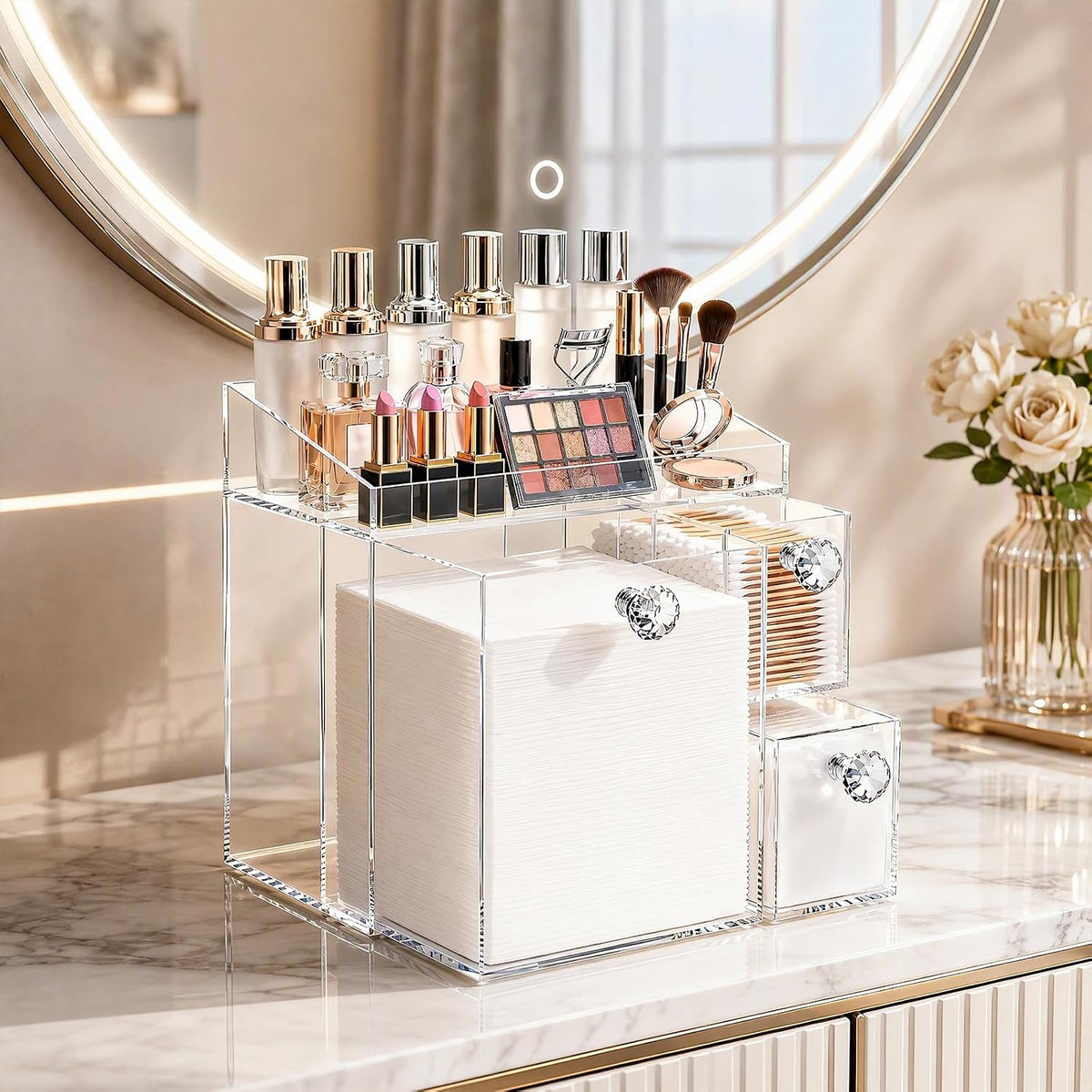 4 in 1 Disposable Face Towel Holder, Acrylic Clean Facial Towel Storage Box XL Size, Clear Vanity Organizer for Dry Face Cloth, Makeup Product Cotton Pads Qtips Bathroom Container with Drawer