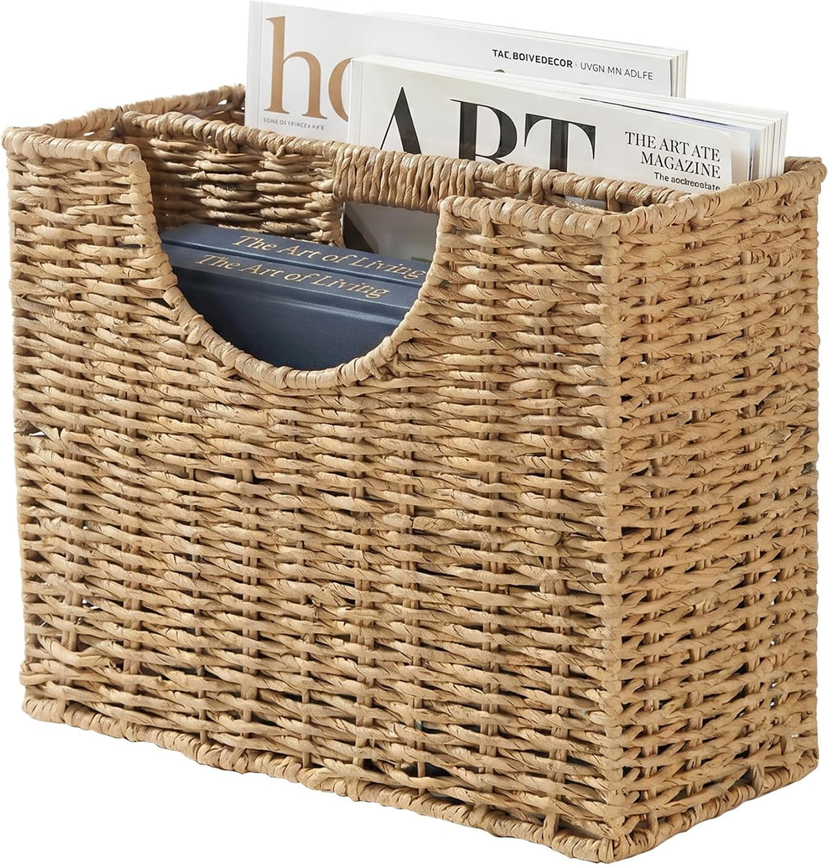 Coeusy Wicker Magazine Basket, Paper Rope Woven Magazine Holder for Files, Books, Documents, Newspapers, Narrow Boho Organizer and Storage Bins with Handle for Office, Living Room, Bathroom (Natural)