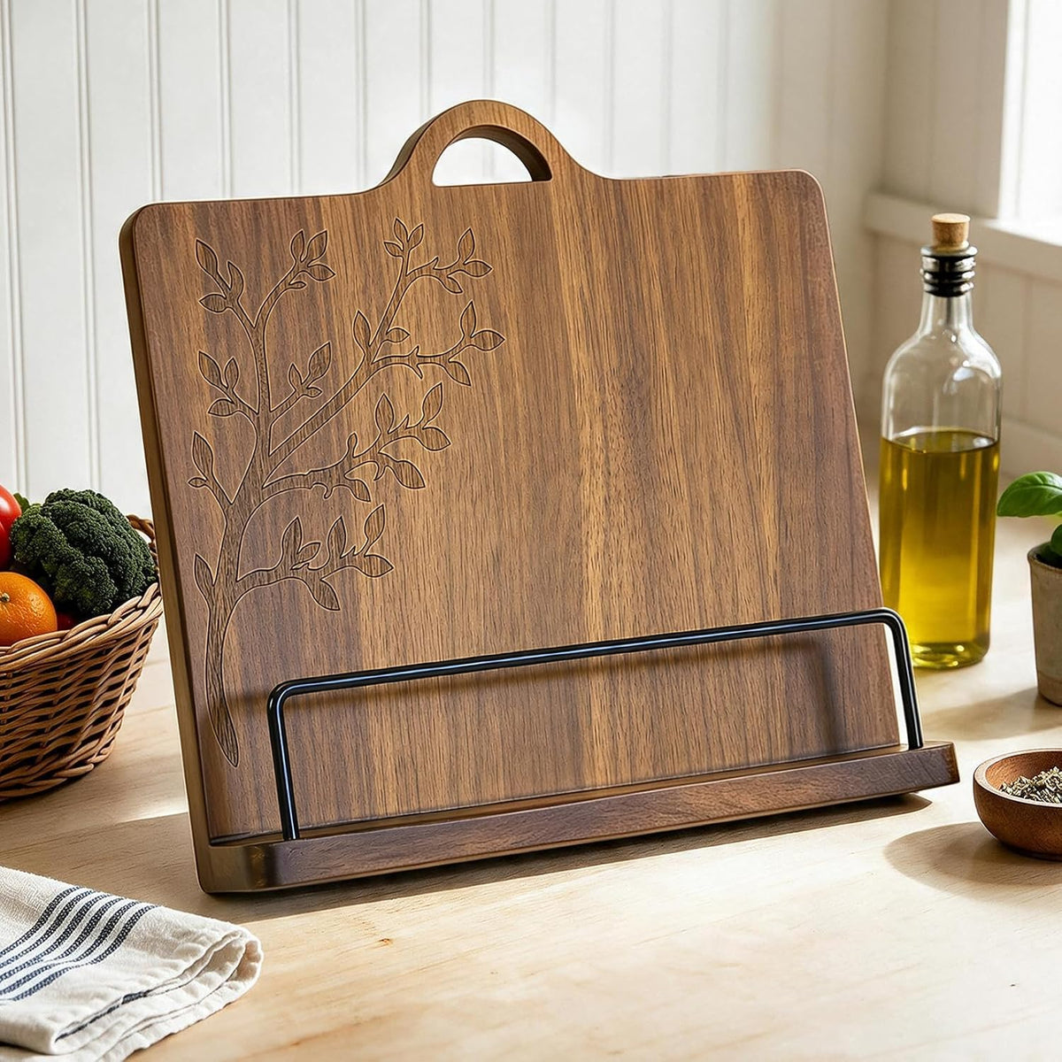 Acacia Wood Cookbook Stand for Kitchen Counter - Wooden Recipe Book Holder