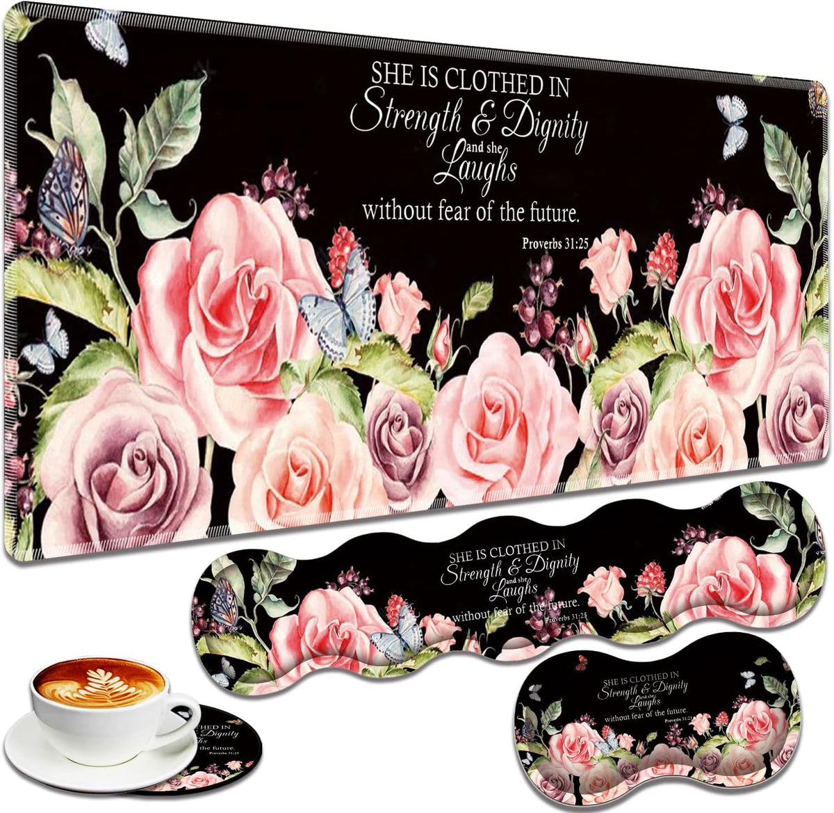 Large Gaming Mouse Pad + Keyboard Wrist Rest + Wrist Support + Coaster Set, Memory Foam Ergonomic for Easy Typing, XXL Extended Gaming Mouse Pad Table Pad - Proverbs 31:25 Flower