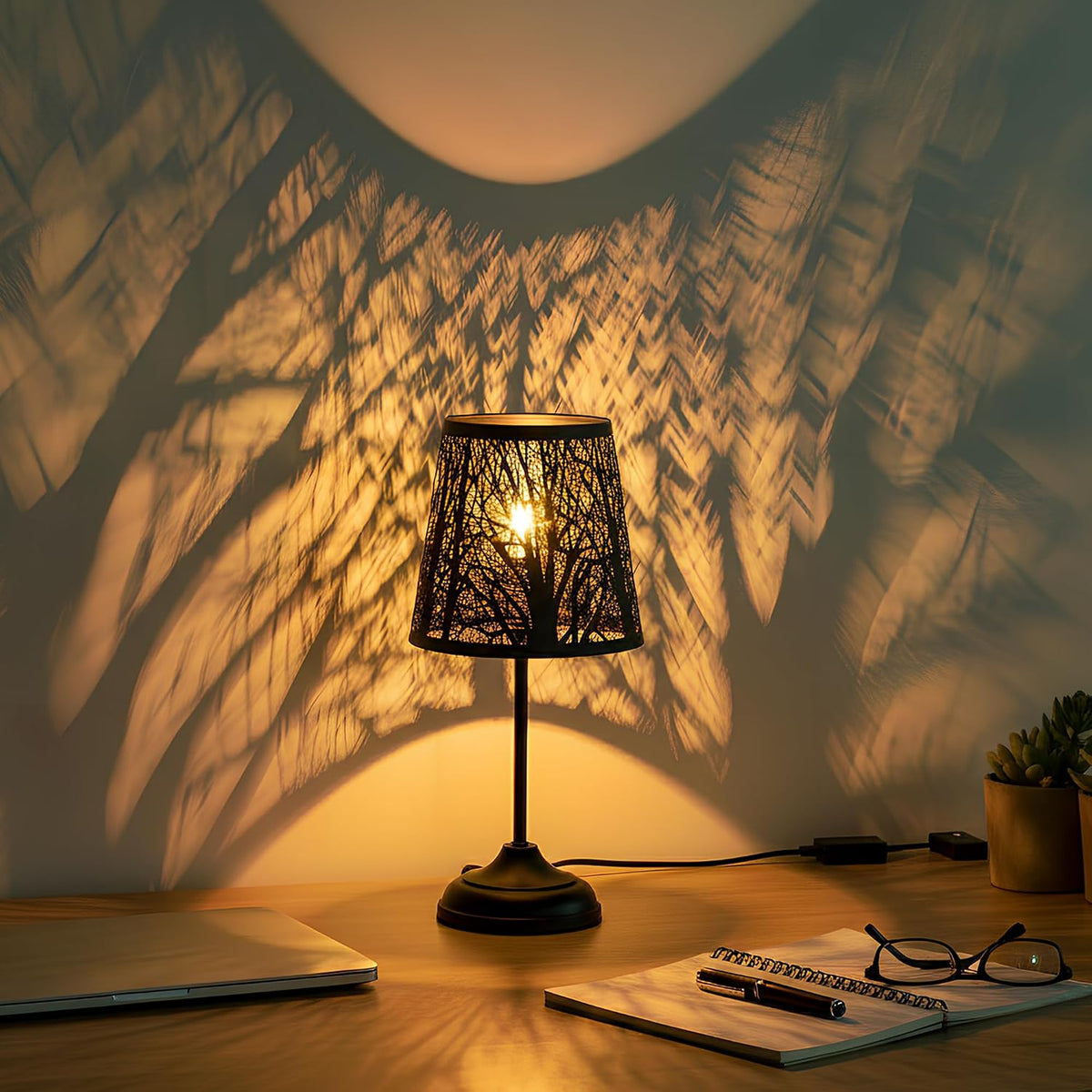 ZQQLITE Touch Control Table Lamp, Black Metal Tree Pattern Shadow Lamp Lights Mini Lamps with dimmable 3-Levels Brightness Vintage Accent Decor Lamp Indoor Mood Lighting Bedroom Living Room (Black)