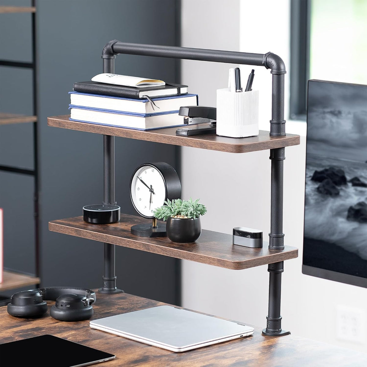 VIVO Vintage Brown Clamp-on 24" Industrial Pipe Desk Shelf, DESK-SHELF24-2N
