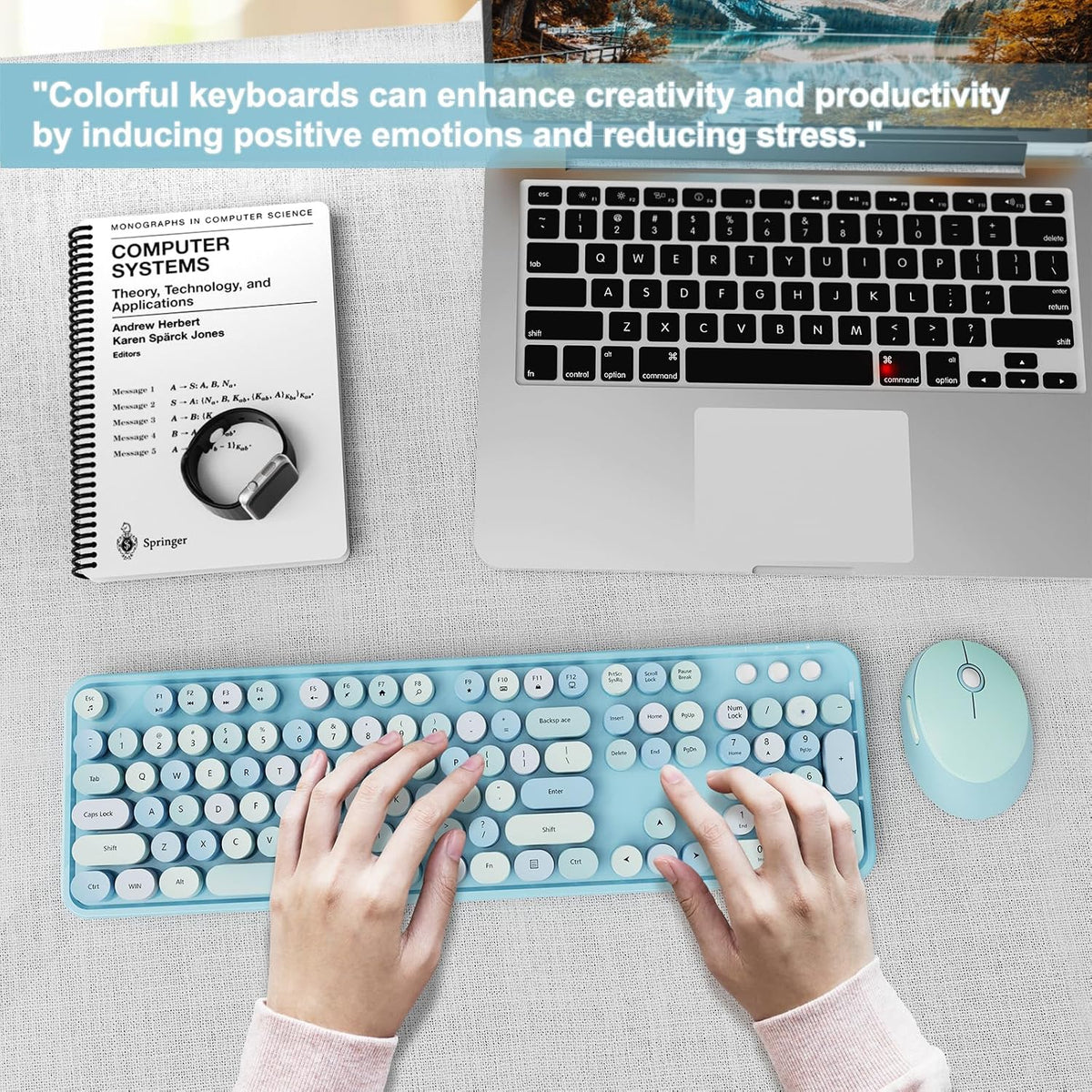 Wireless Keyboard and Mouse Combo, Ergonomic Full Size Typewriter Retro Round Keycaps Keyboard, Compatible with Windows, PC, Perfer for Home and Office Keyboards (Blue