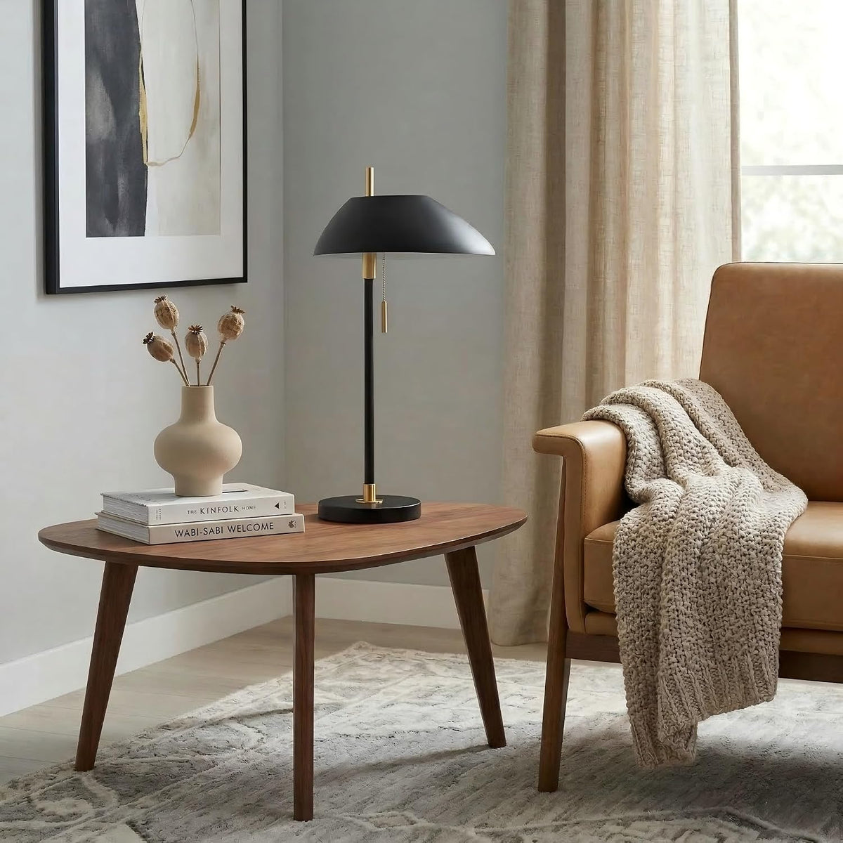 Modern Vintage Black Table Lamp, Industrial Minimalist All-Metal Bedside Lamp with Pull Chain Switch, Decorative Nightstand Lamp for Bedroom, Living Room, Office, E26 Bulb Base