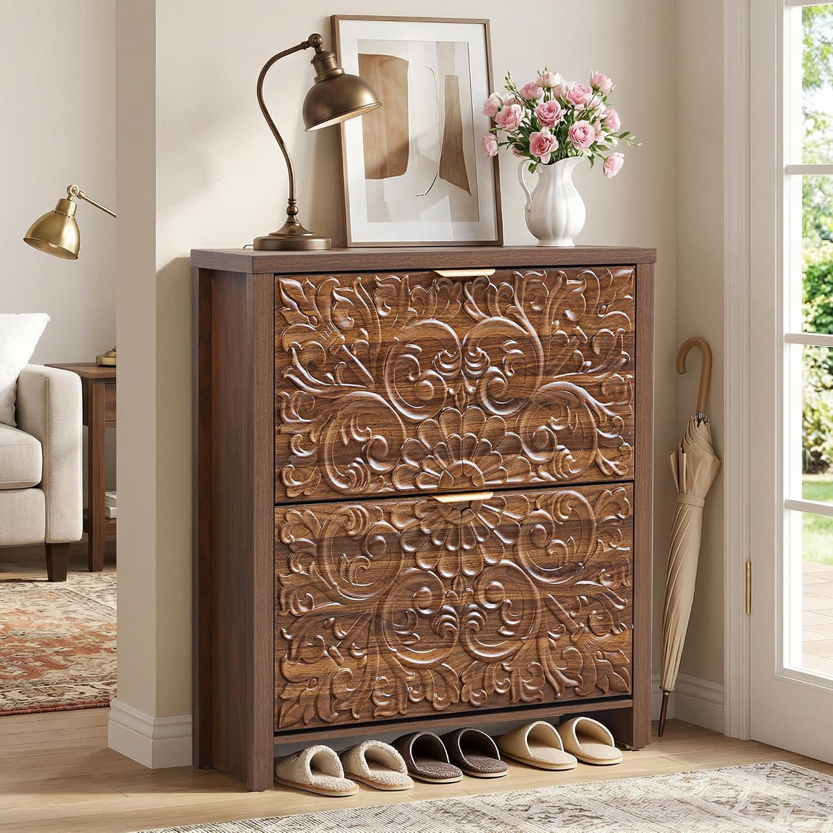 Shoe Cabinet with Flip Drawers, Narrow Shoe Storage Cabinet, 2-Tier Hidden Shoe Organizer with Floral Embossed for Entryway, Mid-Century Modern Slim Shoes Storage for Hallway Foyer (1, Walnut)