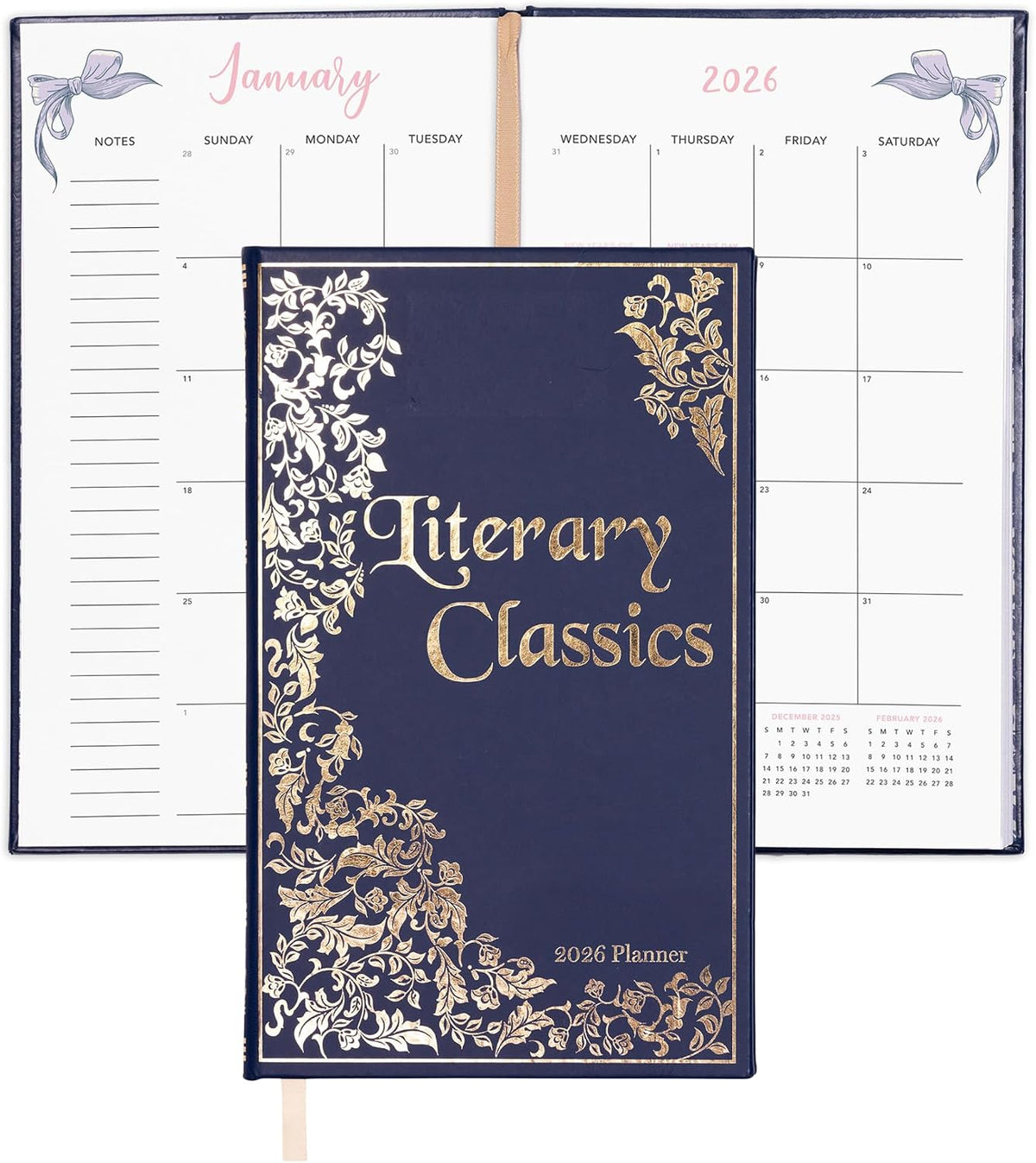 Steel Mill & Co 8.25" x 5" Monthly & Weekly 12-Month Planner Dated January 2026 - December 2026, Book Lover's Organizer with Vegan Leather Cover with Gold Foil, Quotes & Art from Classic Novels (Literary Classics)
