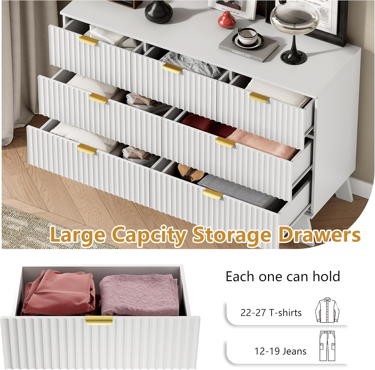 Wodeer 7 Drawer Fluted Dresser for Bedroom, Mid Century Modern Dresser with 7 Drawers, Dressers & Chests of Drawers with Metal Handle, TV Stand & Storage Organizer for Entryway, Hallway, White