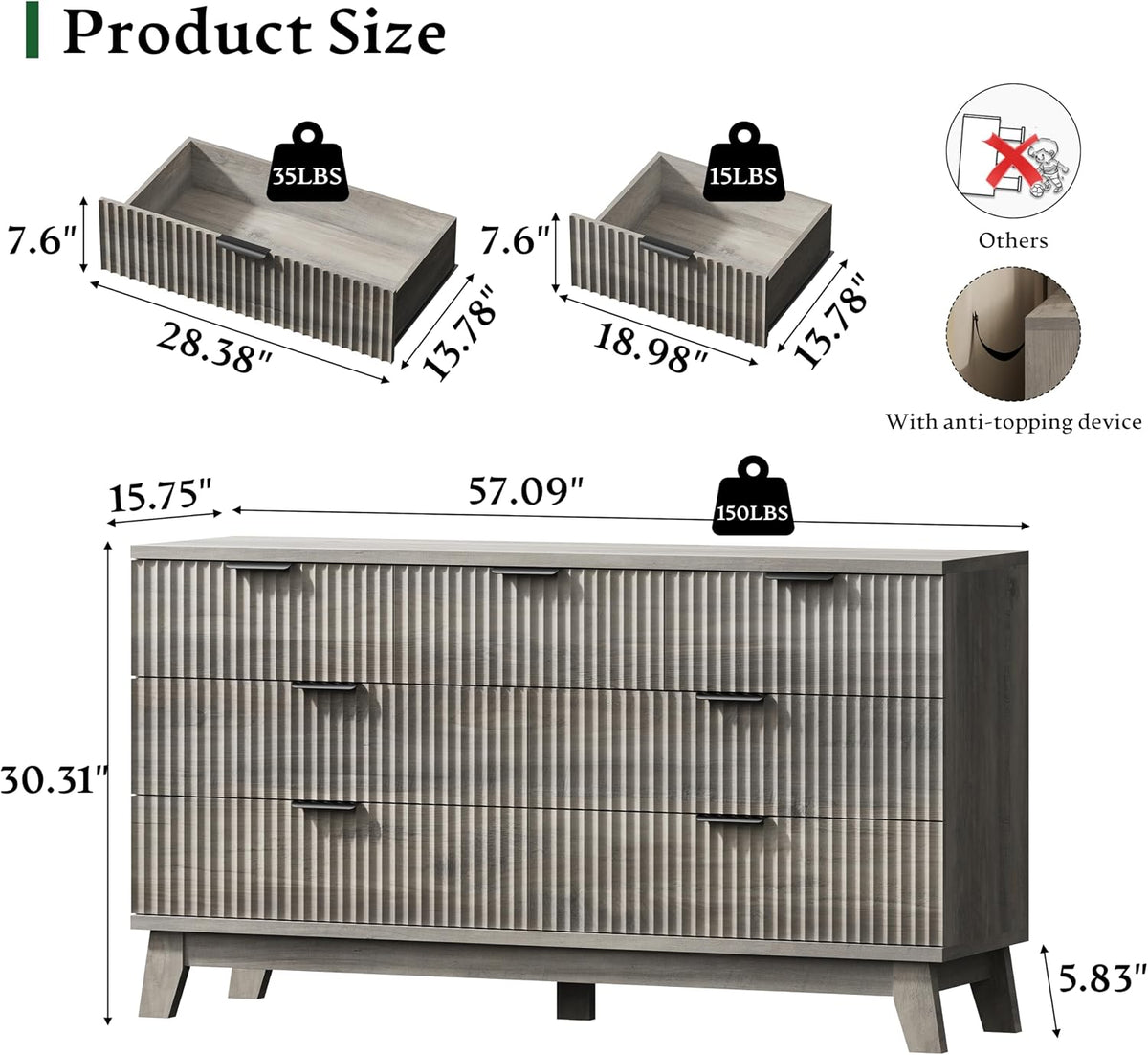 Xixini Fluted Dresser with 7 Drawers, 58" Wide Modern Chest of Drawers with Metal Handle, Wooden Dresser TV Stand, Wood Closet Clothes Storage Organizer for Bedroom, Living Room, Hallway, Light Grey