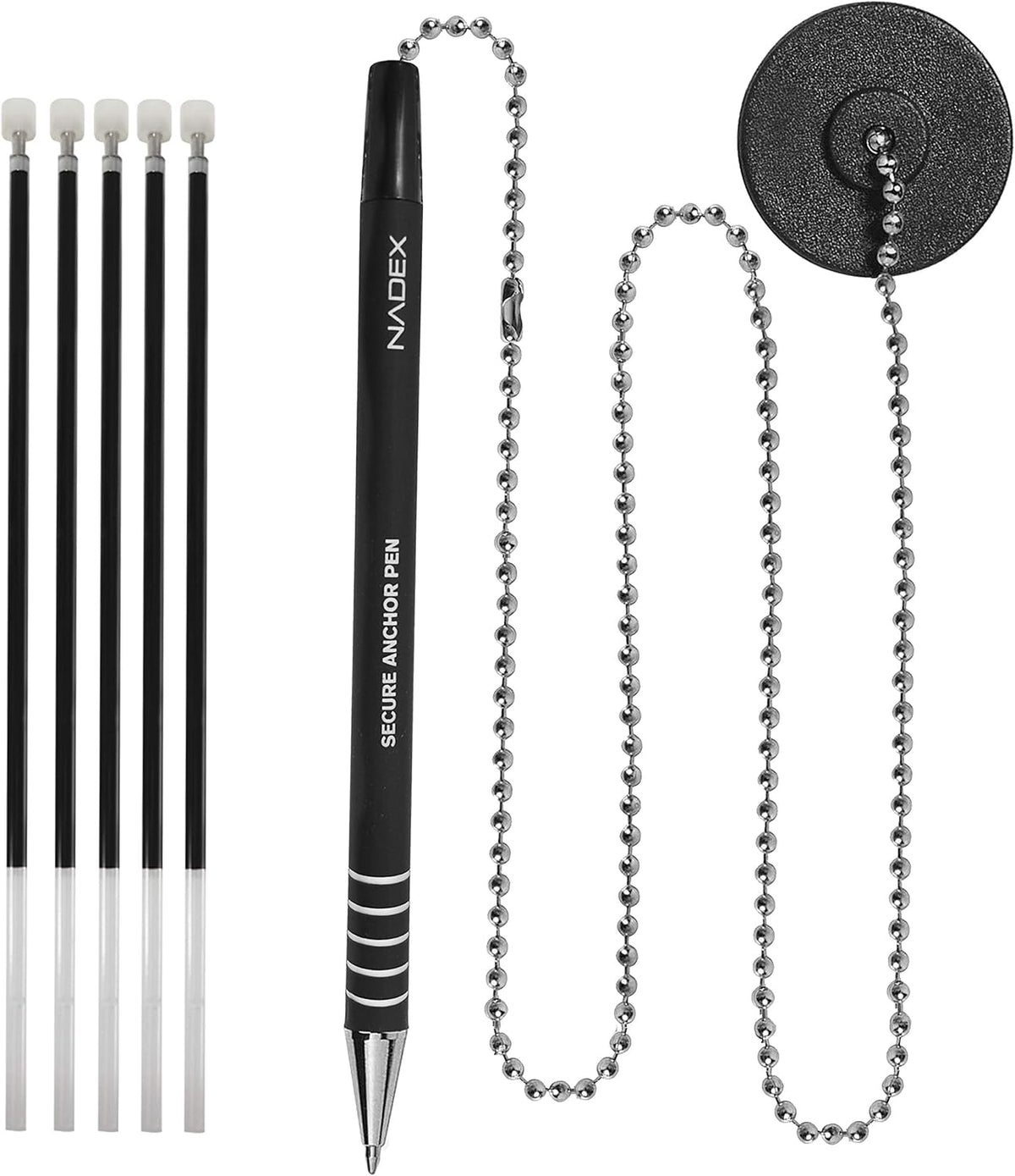 Nadex Ball and Chain Security Pen Set | 12 Pens, 12 Adhesive Mounts, and 12 Refills (Black)