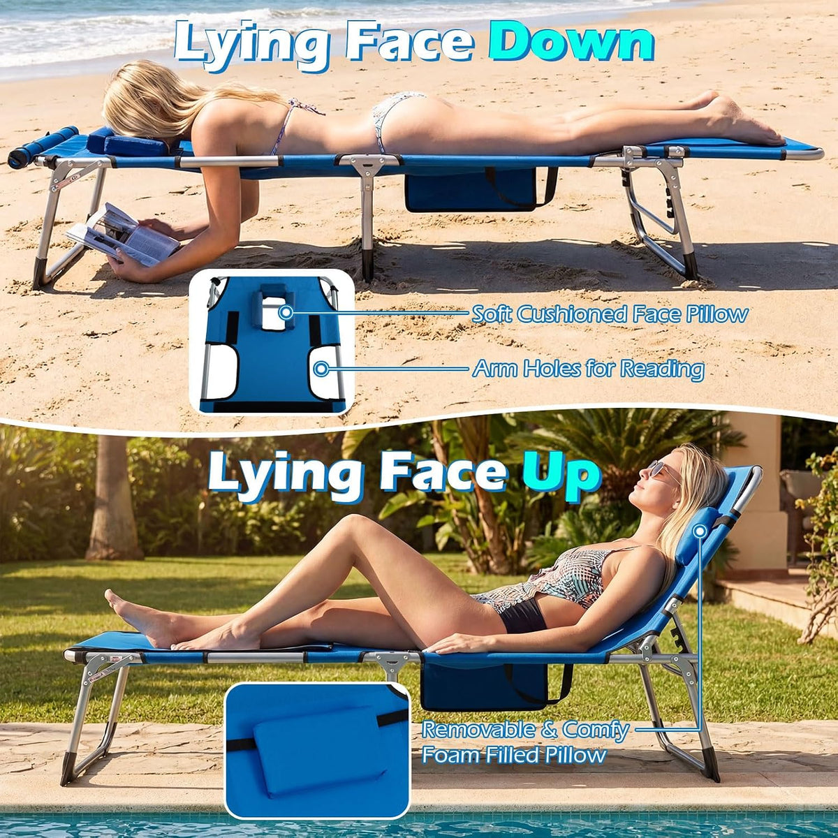 GYMAX Tanning Chair, 3 in 1 Sun Bathing Lounge Chairs with Face/Arm Holes & Side Pocket, Portable Lightweight Face Down Layout Tanning Chair for Outside, Beach, Backyard, Poolside (2, Blue)